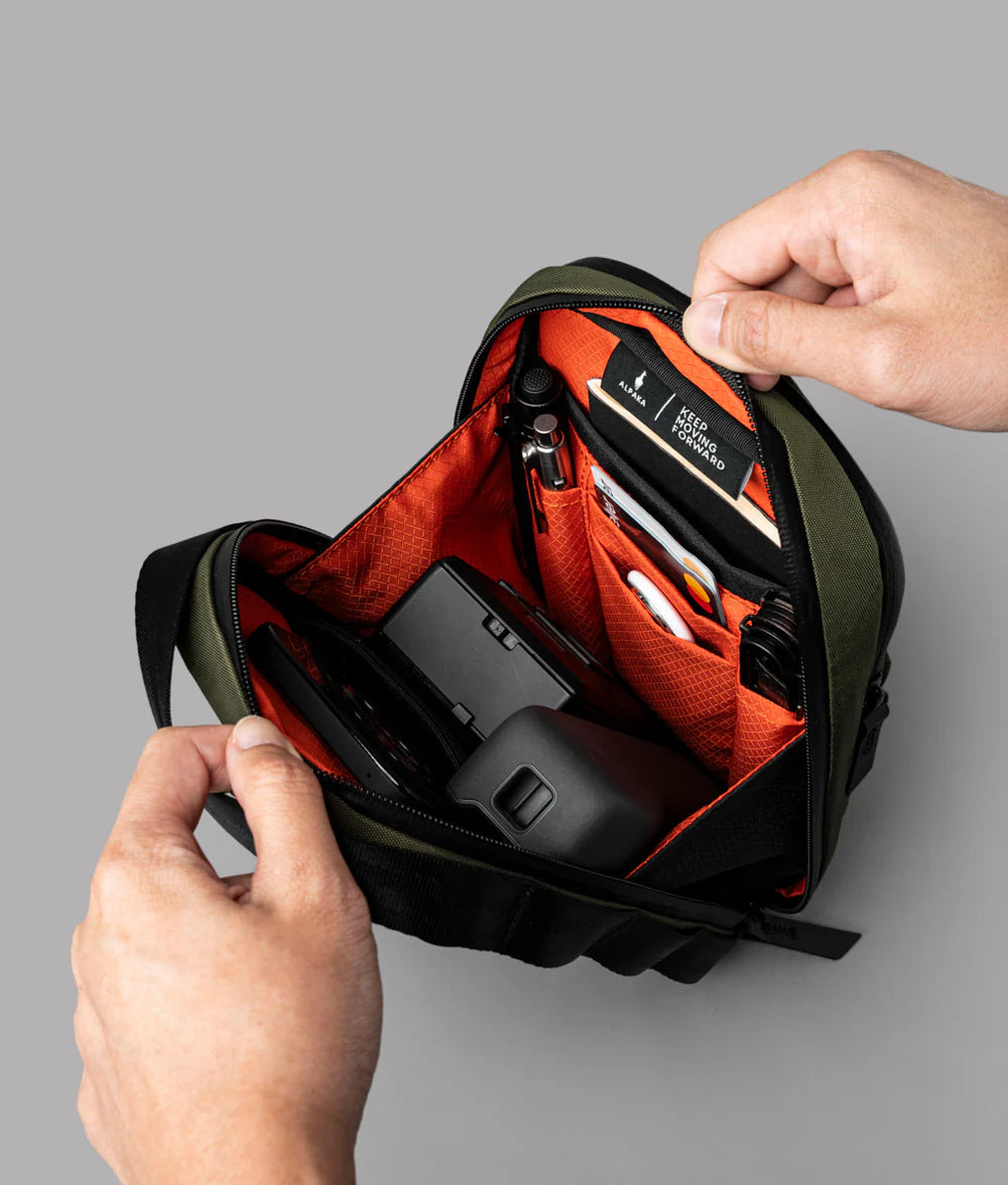 多功能儲物空間：2.5L 容量，設有主隔層和快取隔層，
輕鬆存放手機、鑰匙、充電寶等日常物品。